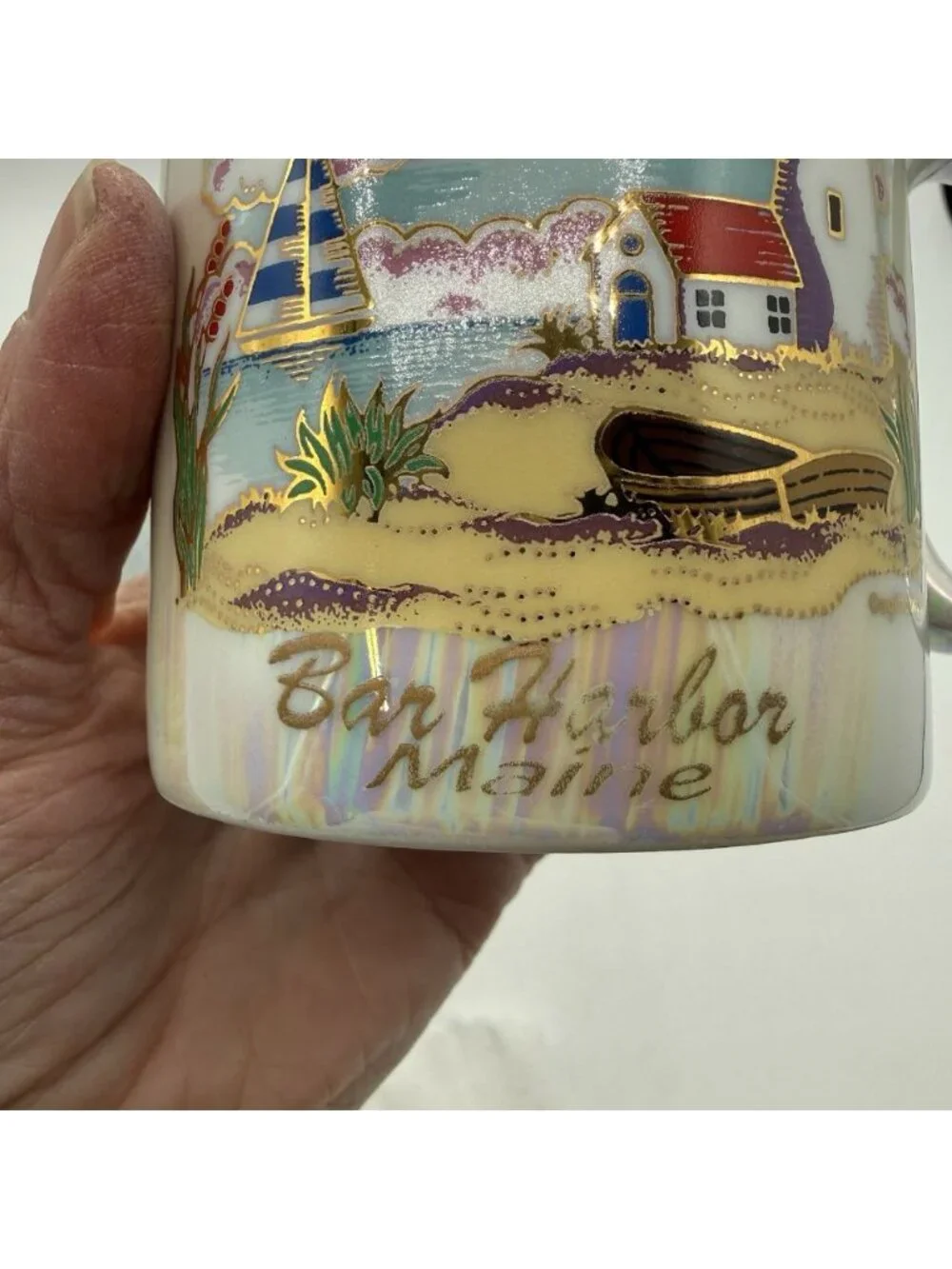 Bar Harbor Maine Souvenir Mug Pair Iridescent &Gold Trim Coffee Coastal Scene